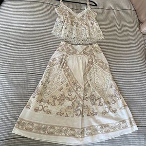 BCBG Embroidered Top & Midi Skirt in White Combo